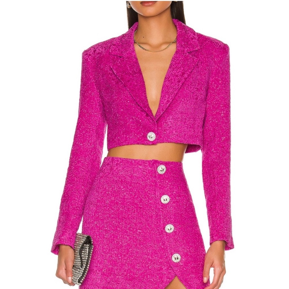 Vibrant Magenta Pink 2pc Matching Cropped Blazer and Skirt Set - Picture 3 of 7